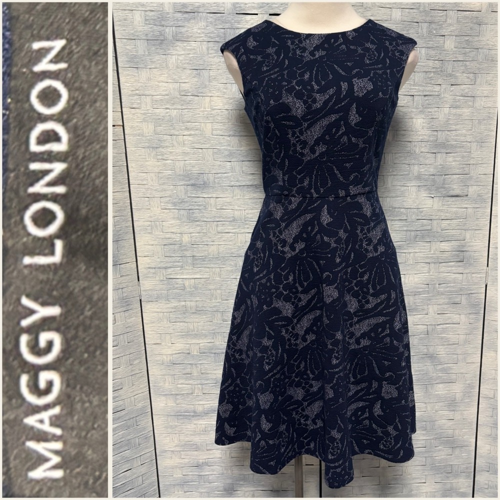 Maggy London Sz 2 Midi Navy Silver Metallic Flecked Lace Fit & Flare‎